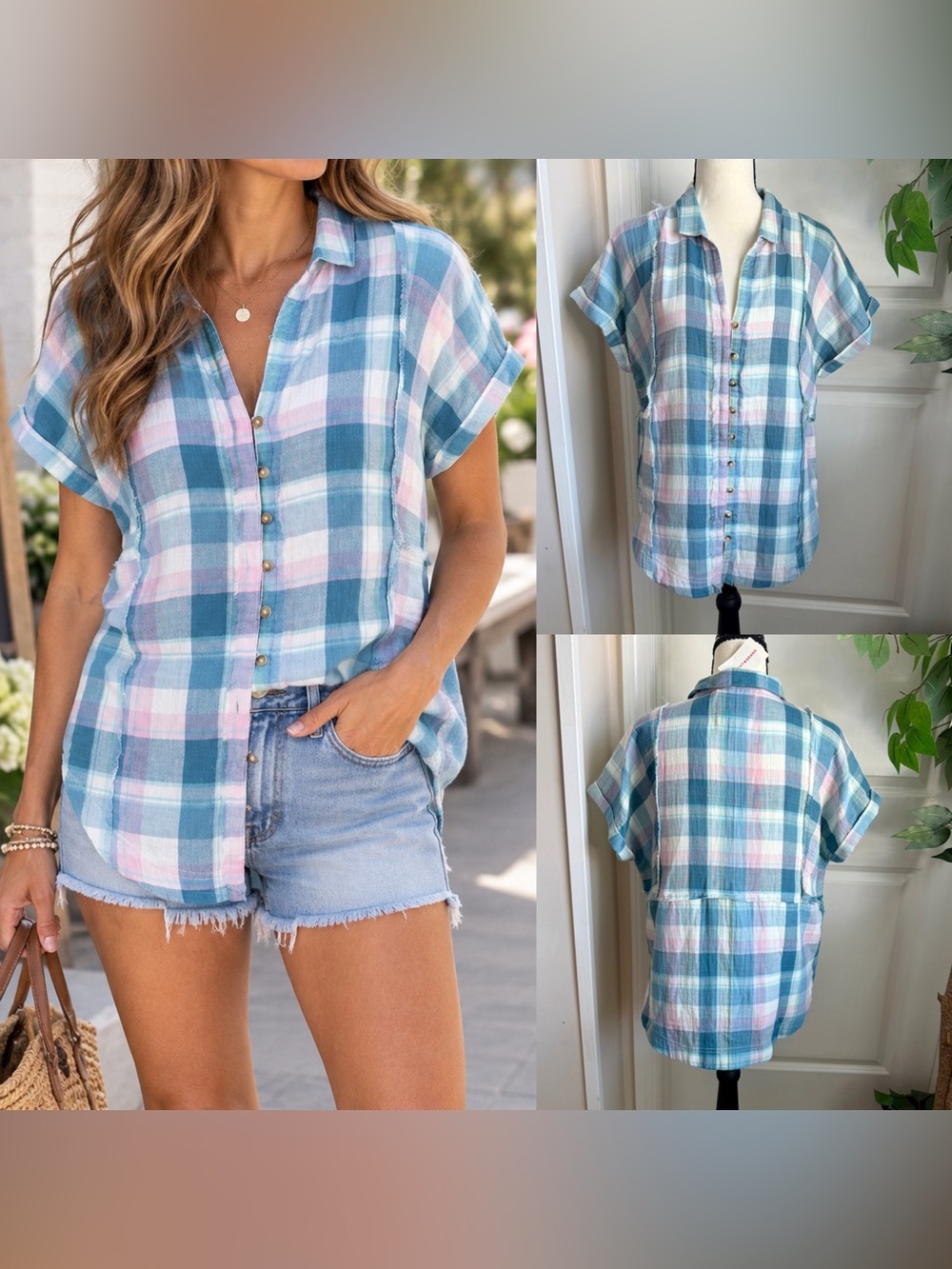 Lucky Brand Cotton Plaid Short Sleeve Beach Shirt Blue Sz S
